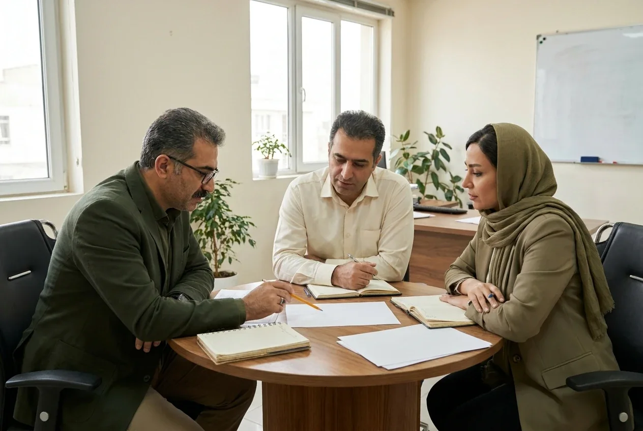 تصویری مفهومی از گفت‌وگوی همکاران دربارهٔ یک تصمیم مشترک